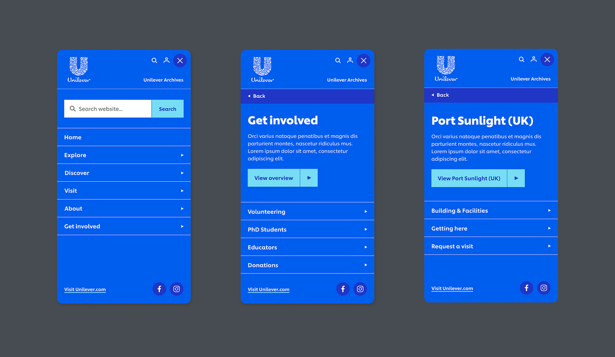 Image of Unilever Archives website navigation menu on mobile view